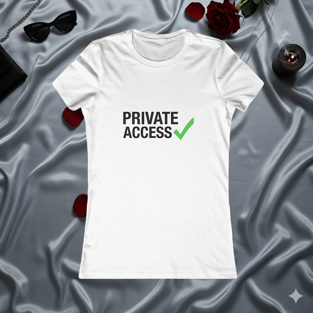 Private Access Tee — Women's White Graphic T‑Shirt with Green Check
