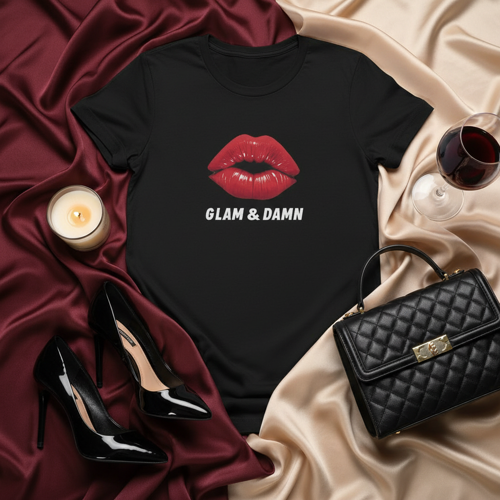 Glam & Damn Women's Tee — Red Lip Graphic Short Sleeve Shirt