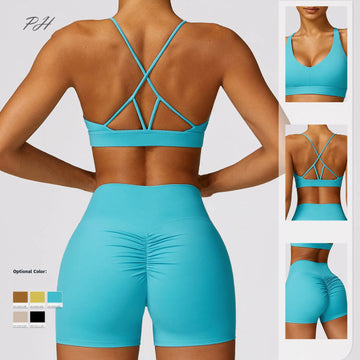 Women Athletic Bra and Shorts Sets - Cross Sports Bra Fitness Workout Outfits
