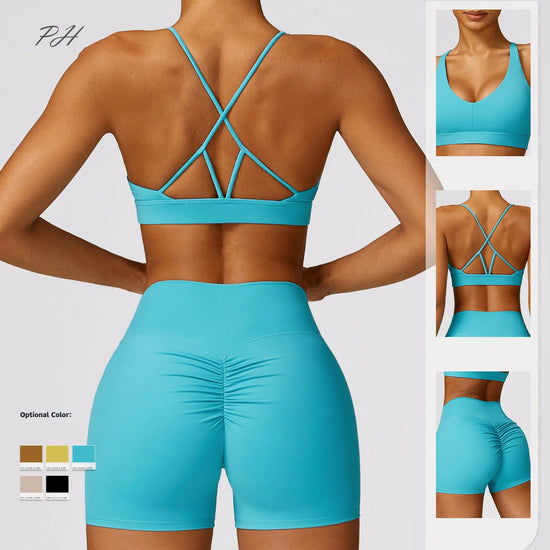 Women Athletic Bra and Shorts Sets - Cross Sports Bra Fitness Workout Outfits