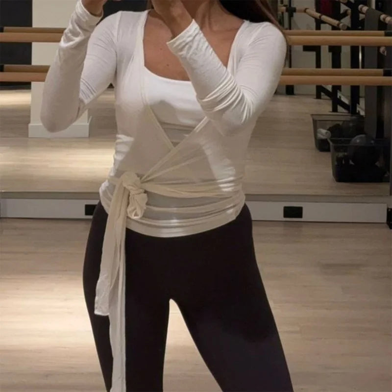 Long Sleeve Deep V-Neck Yoga Top – Ruched Tie-Front Slim Fit Workout Shirt