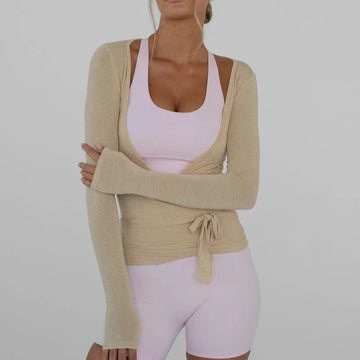 Long Sleeve Deep V-Neck Yoga Top – Ruched Tie-Front Slim Fit Workout Shirt