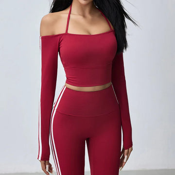 Women's Long Sleeve Workout -Off Shoulder Halter and Leggings