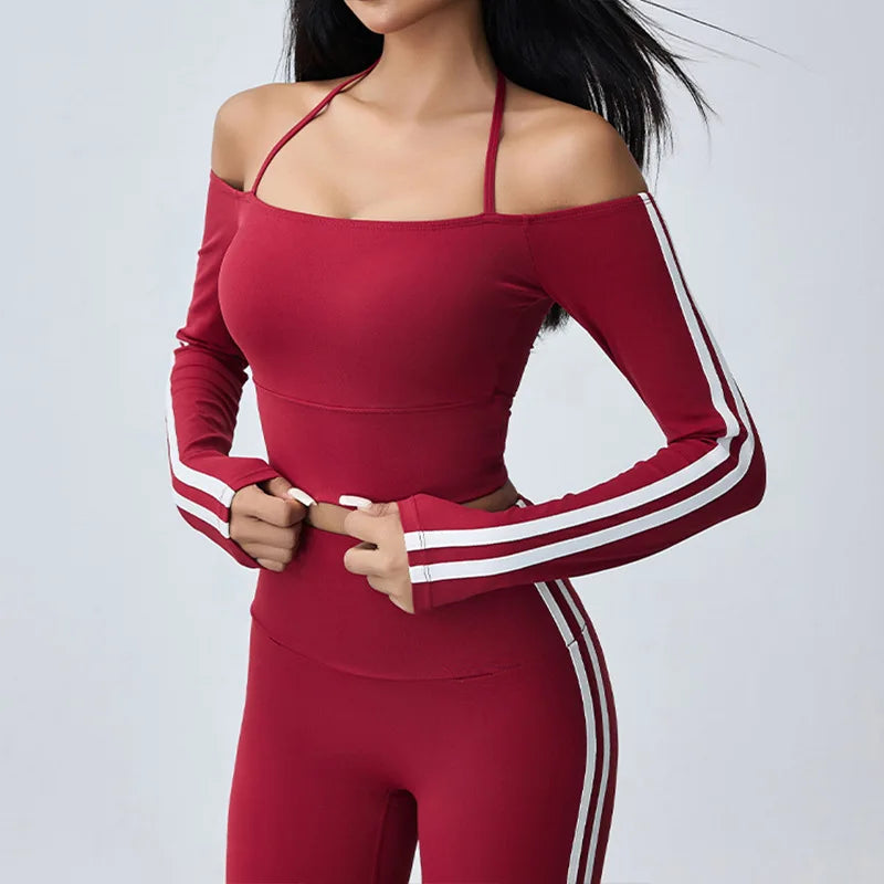 Women's Long Sleeve Workout -Off Shoulder Halter and Leggings