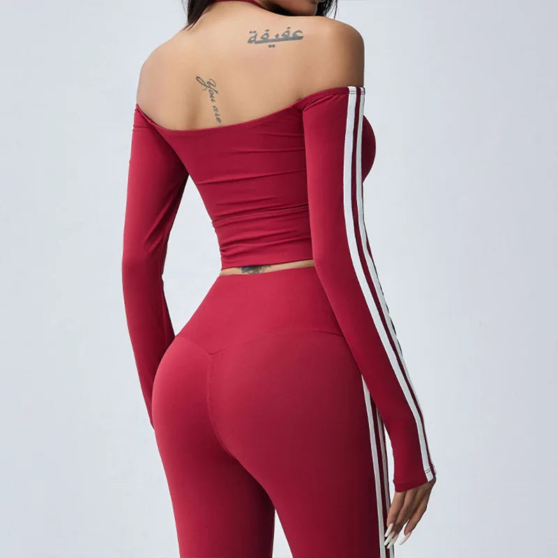 Women's Long Sleeve Workout -Off Shoulder Halter and Leggings