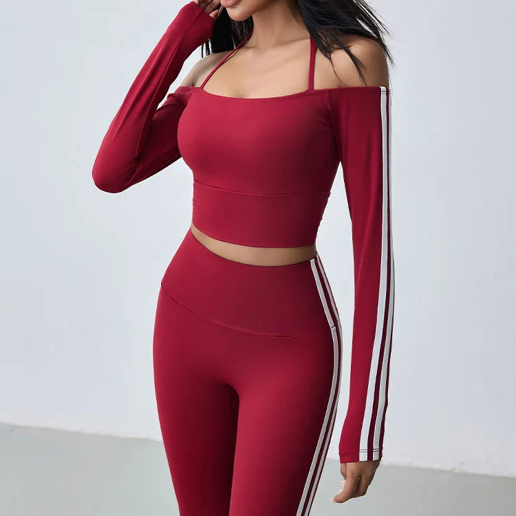 Women's Long Sleeve Workout -Off Shoulder Halter and Leggings