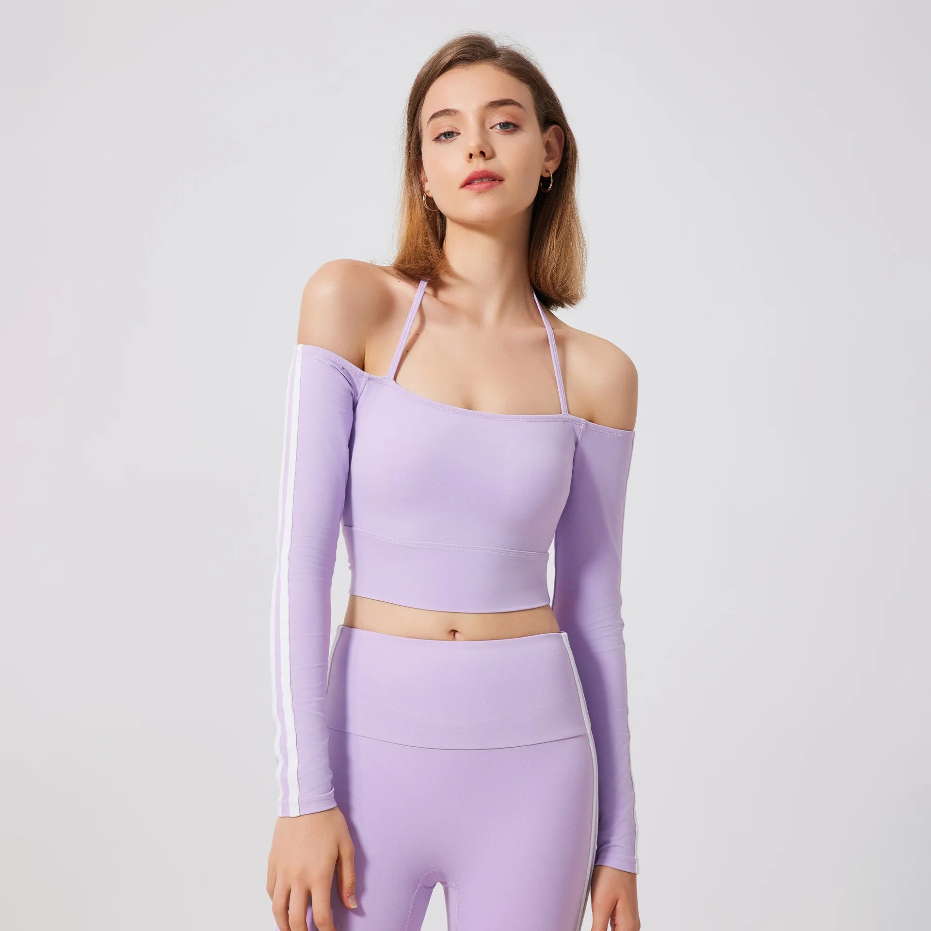Women's Long Sleeve Workout -Off Shoulder Halter and Leggings