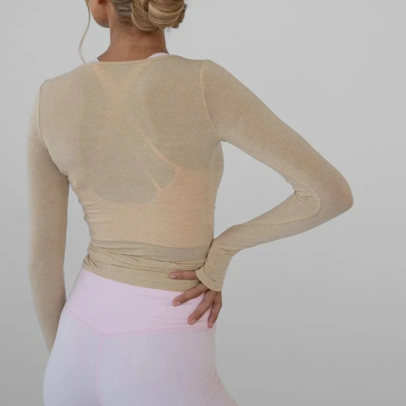 Long Sleeve Deep V-Neck Yoga Top – Ruched Tie-Front Slim Fit Workout Shirt